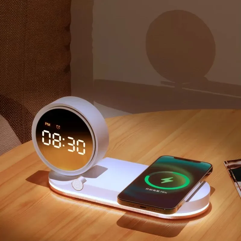 Hot selling product 3 in 1 Wireless Charging Night Light Alarm Clock Mobile Charger Portable Earphones 15W Wireless Charger