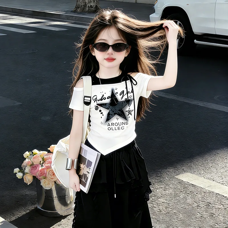 1pc Top 2026 Y2K Summer Girls Star Irregular Jazz Hip Hop Dance Teenager Off Shoulder Letters T Shirt Daily Wear 4 to 10 12 Year