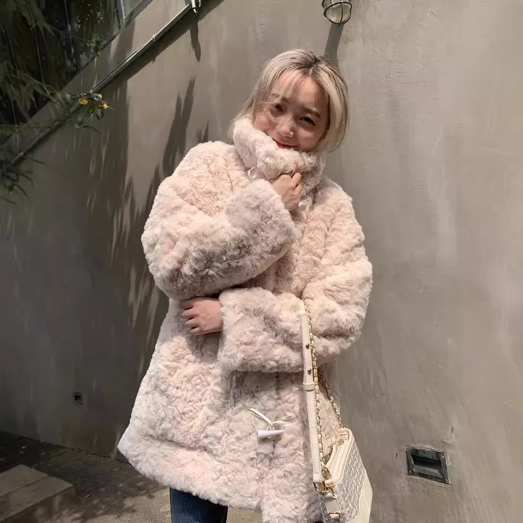 Winter imitation fur brush flower rabbit fur clothes 2024 new horn buckle coat medium and long large size fluffy coat women