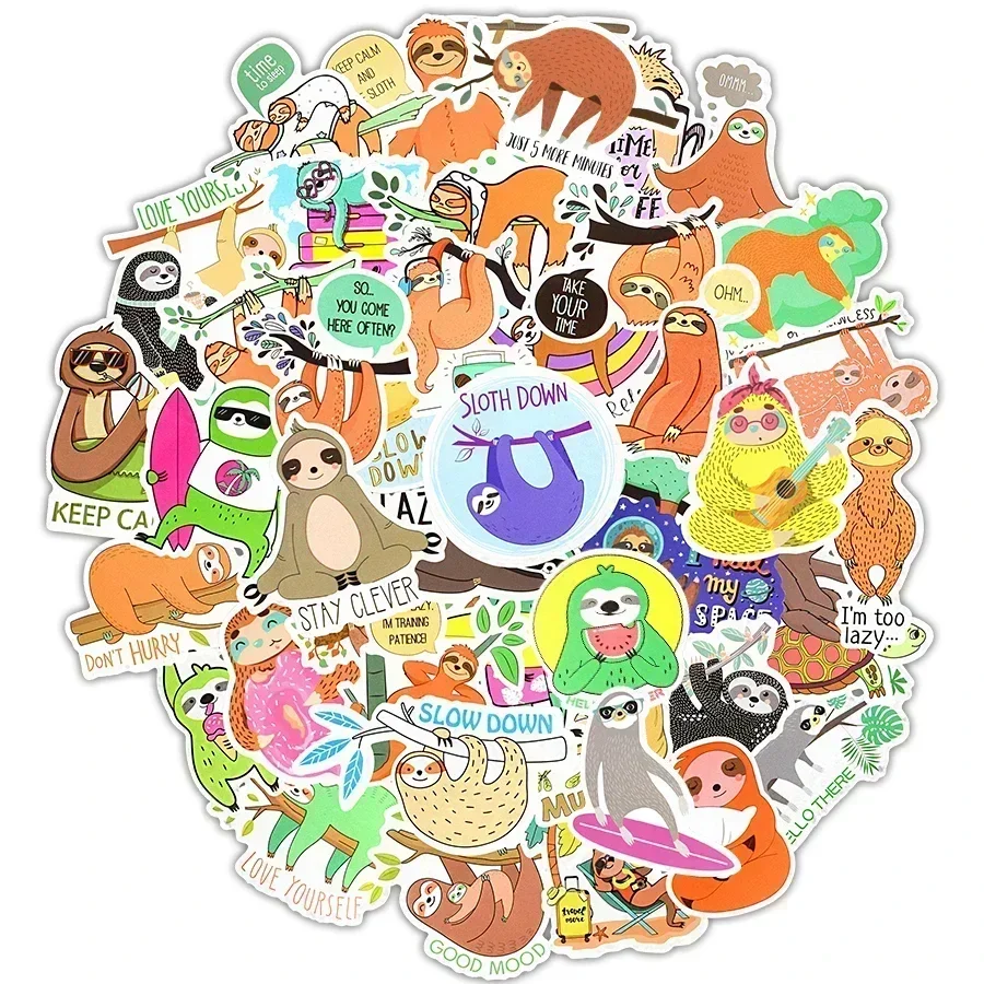 50 PCS Cartoon sloths Stickers for Car Bicycle Laptop Guitar Fridge Skateboard Luggage Waterproof Cute Sticker Decals Kids Toys