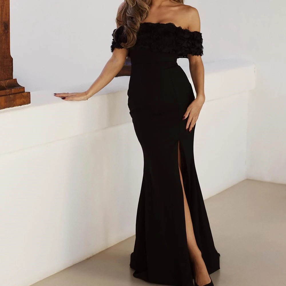 

Evening Caftan Dresses For Formal Occasions Off the Shoulder Sweep Train Side Silt Sleeveless Floor Length Solid Color Jersey