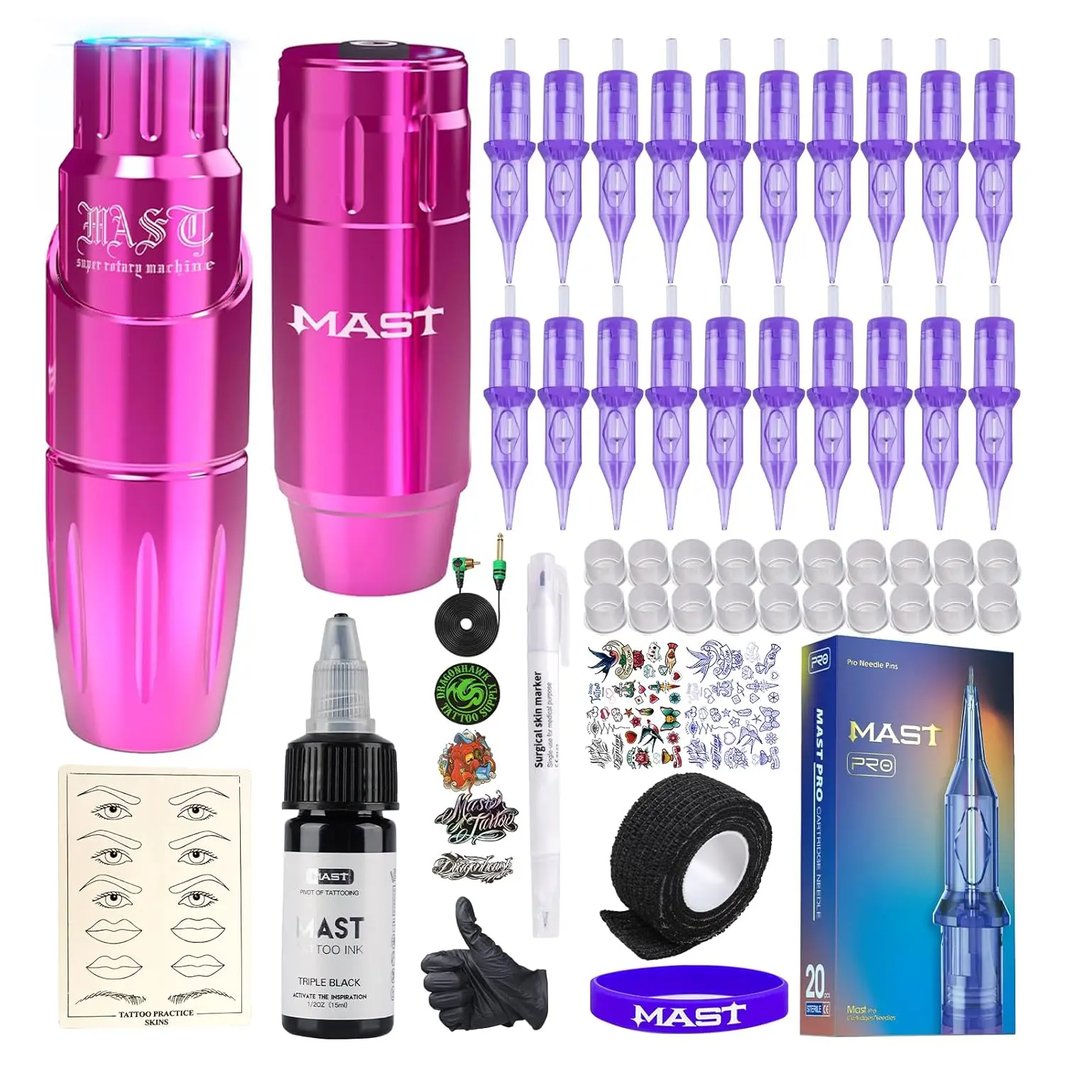 

Professional Tattoo Pen Kit with Battery Power Supply, 20 Cartridge Needles and Black Ink for Artists