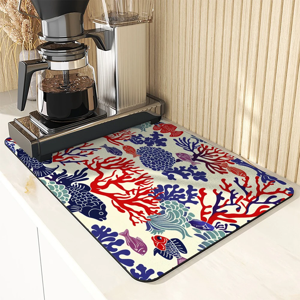 Coffee Cup Drying Mat Marine Coral Non-slip Absorbent Mat Diatoms Tableware Kitchen Counter Drain Mat Coffee Bar Drain Mats