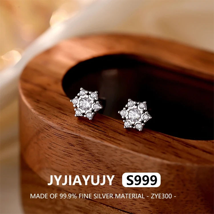 

JYJIAYUJY 100% Whole Original Fine Silver S999 Stud Earrings Snowflakes Set With Zirconia Elegance Gift For Women Use ZYE300