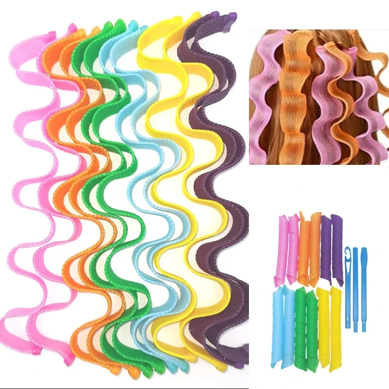 12/18/10pcs Hair Curler Rollers Women Spiral Curls Heatless with 2 pcs Hooks DIY Not-Waveform Shape Rollers Spiral Round Curls