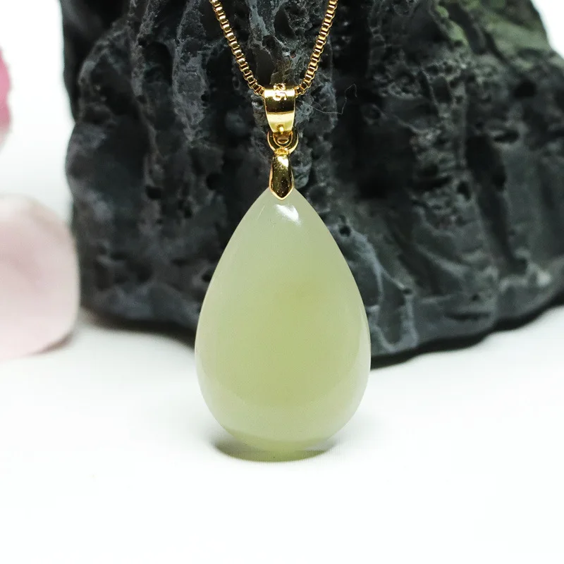 

S925 Sterling Silver Teardrop Pendant Natural Hetian Jade Necklace