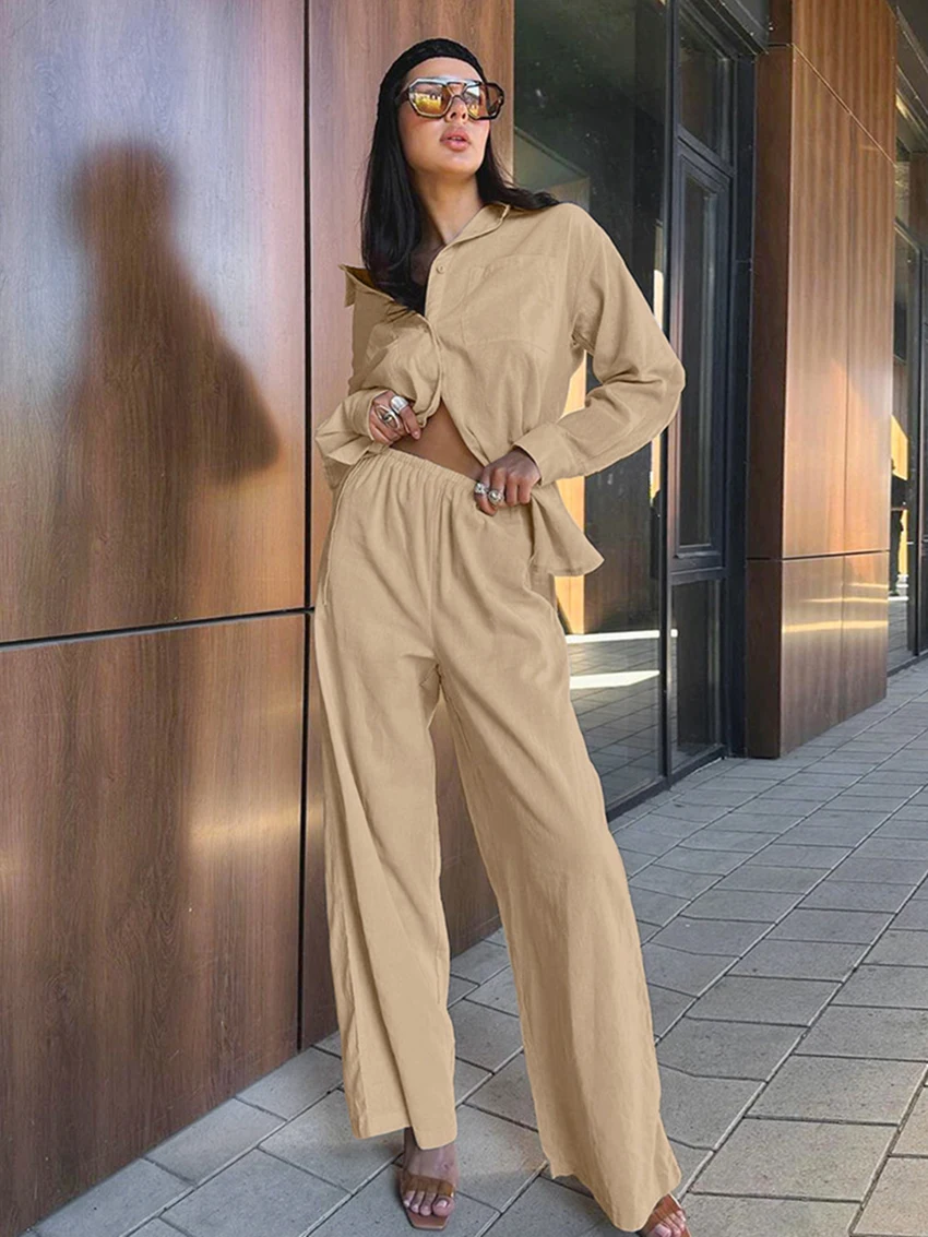 

Marthaqiqi Khaki Ladies Sleepwear Set Turn-Down Collar Pajama Long Sleeve Nightgowns Wide Leg Pants Fashion Women Nightwear Suit