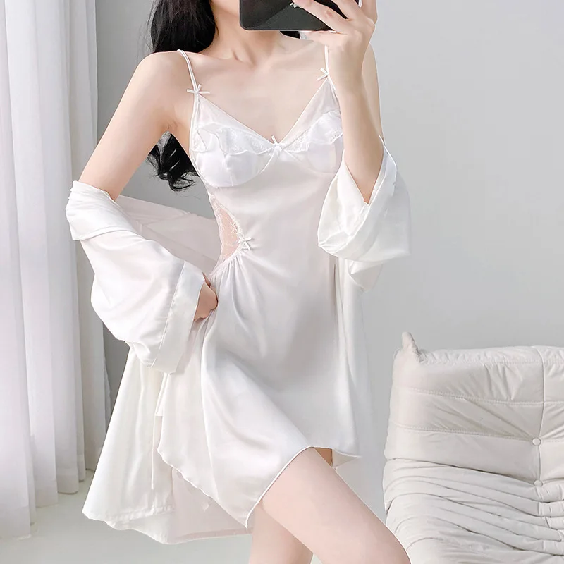 Sexy Women Robe Nightgown 2PCS Set Hollow Out Lace Suspender Nightdress Spring Summer Sleepwear Home Dress Loungewear