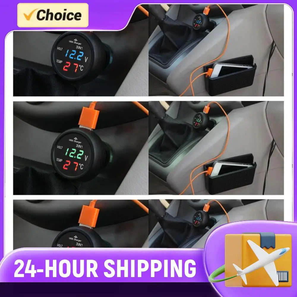 

3 in 1 12/24V Car Auto LED Digital Voltmeter Gauge Thermometer USB Charger Monitor Display Charging for Phone Tablet GPS