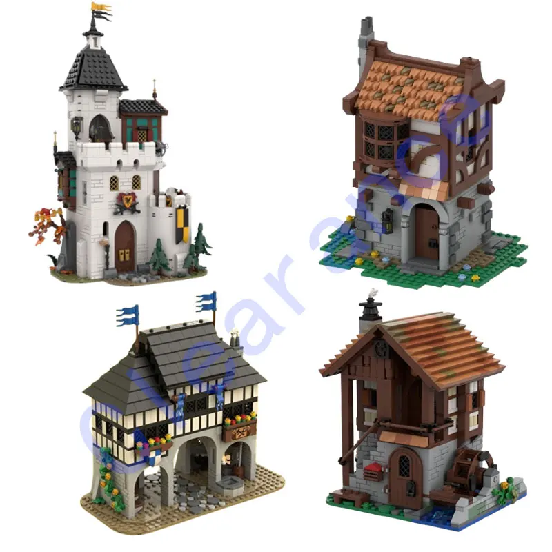 

Clearance MOC-172960 Medieval Village Water Mill Building 189672 White Tower Castle 121307 House Model Toy Gift