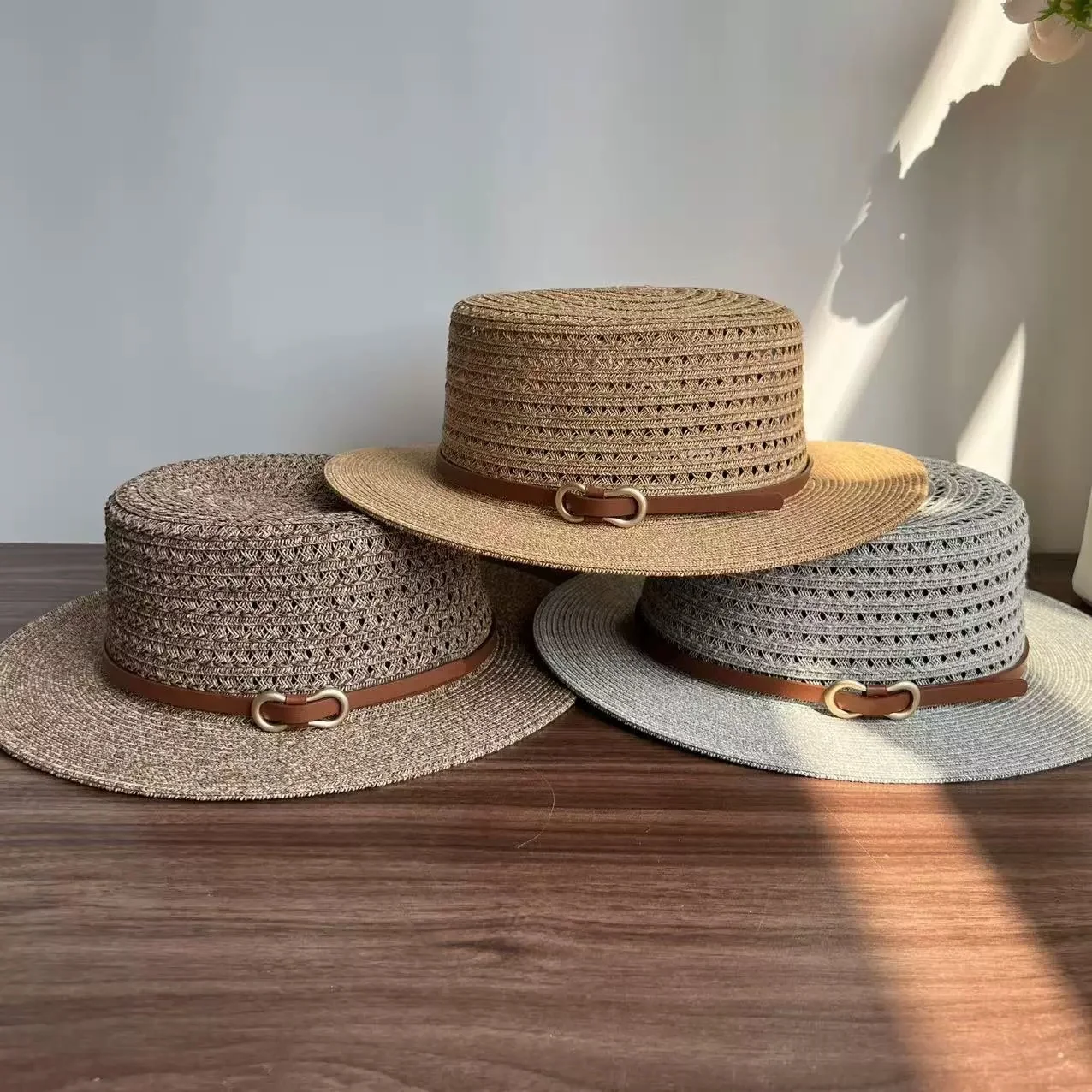 New Summer Arrival: Minimalist Leather-Strap Hat—Stylish, Elegant Flat-Top Straw Hat for Beach Sun Protection