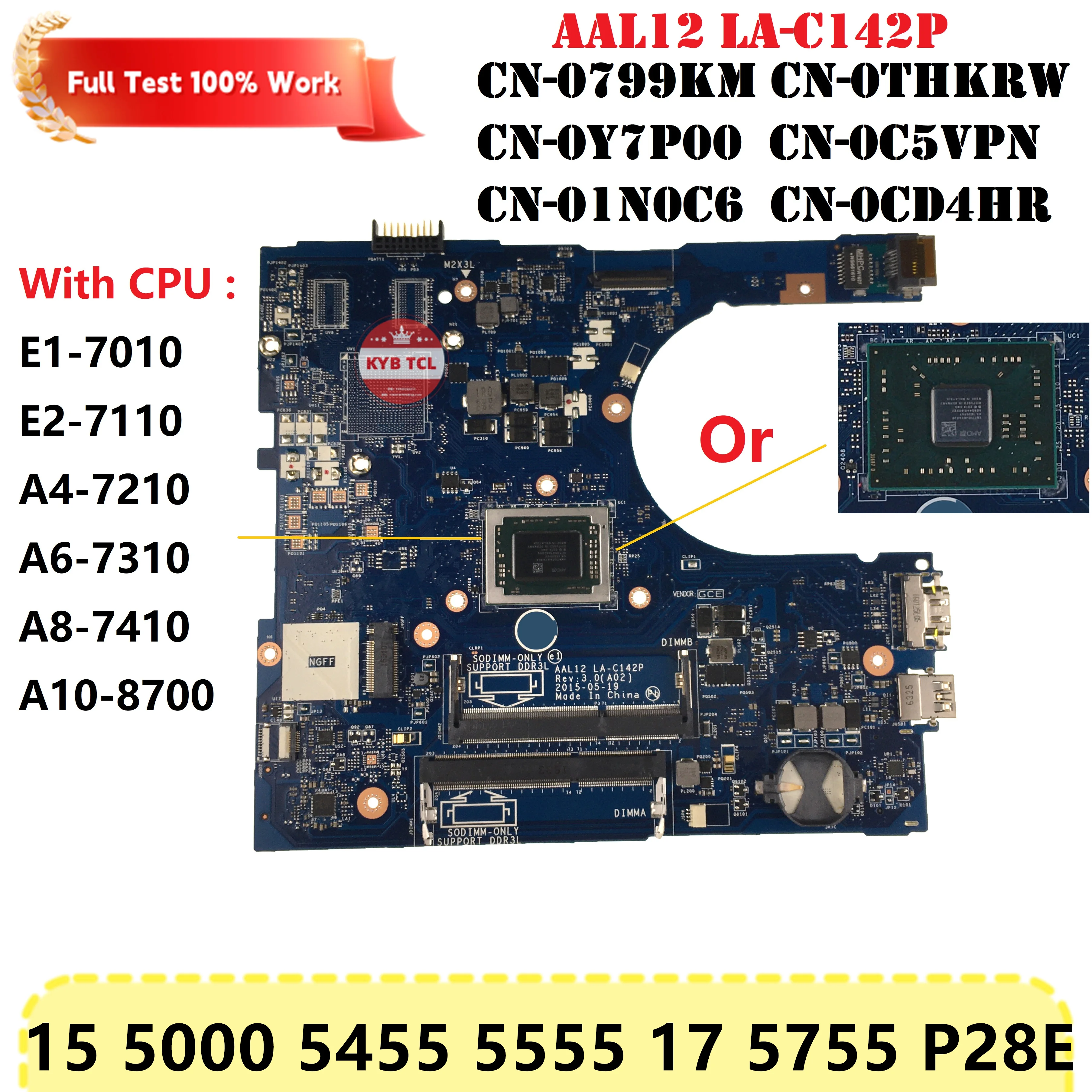 AAL12 LA-C142P For Dell Inspiron 15 5000 5455 5555 17 5755 P28E Laptop Motherboard With E1 E2 A4 A6 A8 A10 CPU Mainboard 0C5VPN