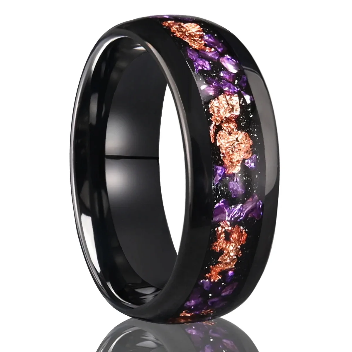 

8.4mm wide electric black tungsten steel ring with crushed gold foil amethyst men's ring