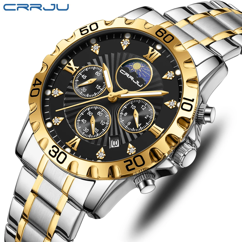 Mens Watches CRRJU Luxury Business Stainless Steel Chronograph Moon Phase Waterproof Date Analog Quartz Dress Watches for Men