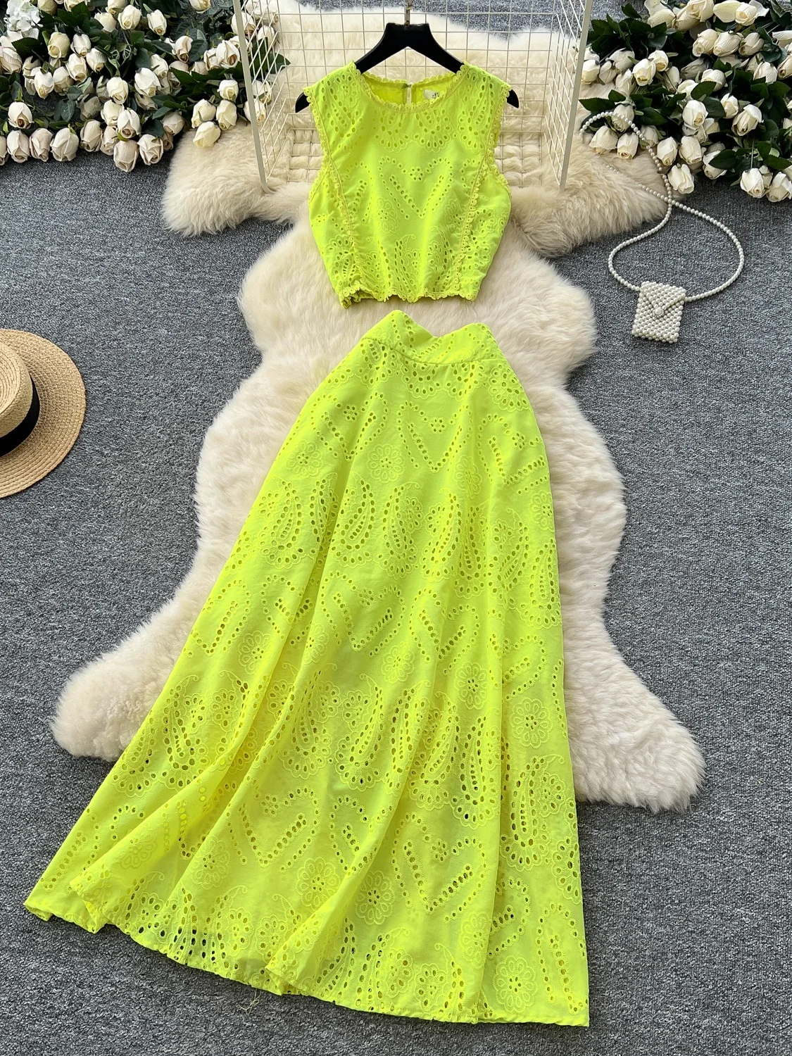 

Ele ort Svel Embroidered Vest High Waist Flared Skirt Women's Summer Faion Set High Quali Hollow out Design