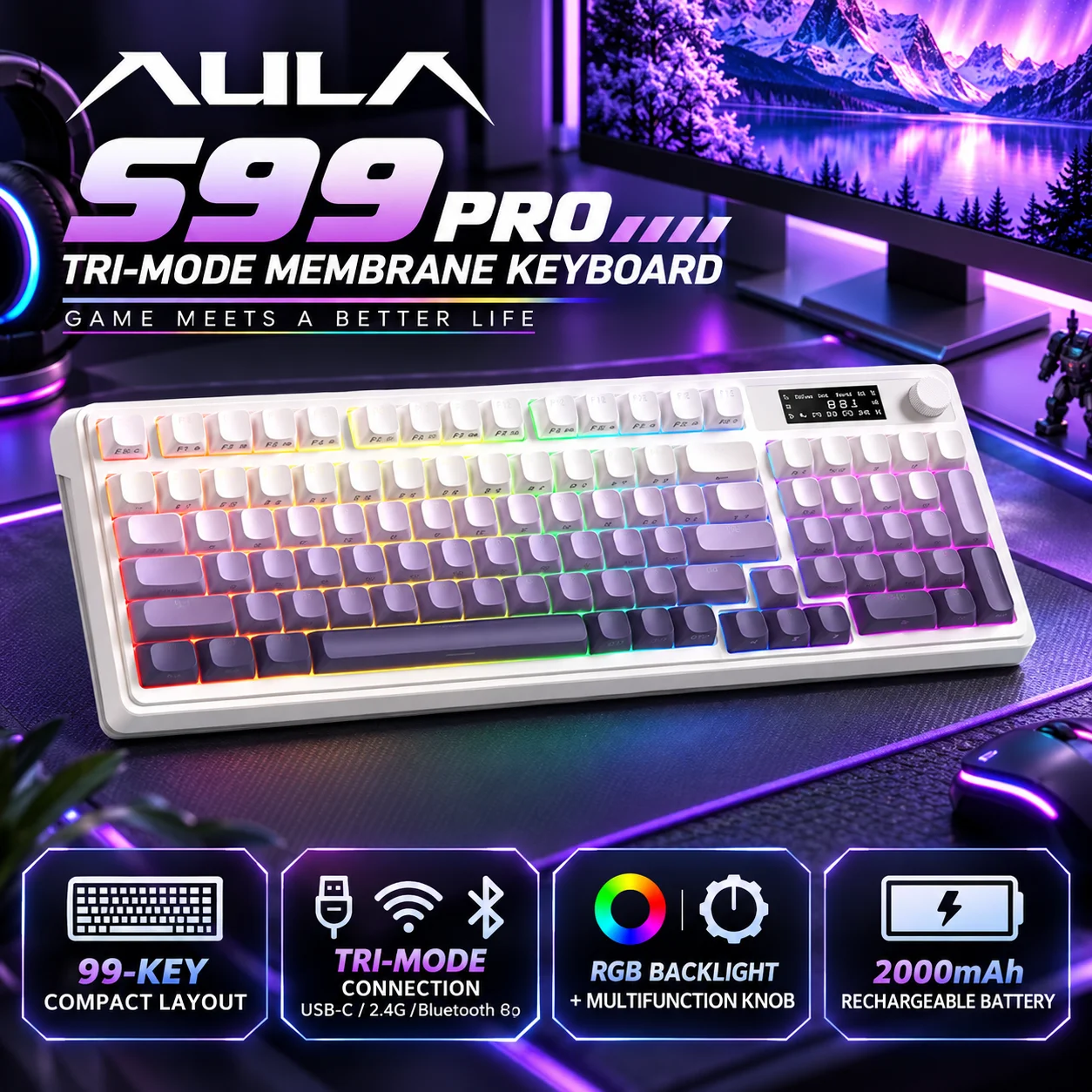 AULA S99PRO 99-Key Wireless Membrane Gaming Keyboard RGB Backlit Bluetooth 2.4G USB-C