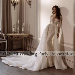 Wedding Dresses 2023 Lace Appliques Dresses Mermaid/Trumpet V-Neck Long Train Elegance Backless Long Sleeve For Women Princess