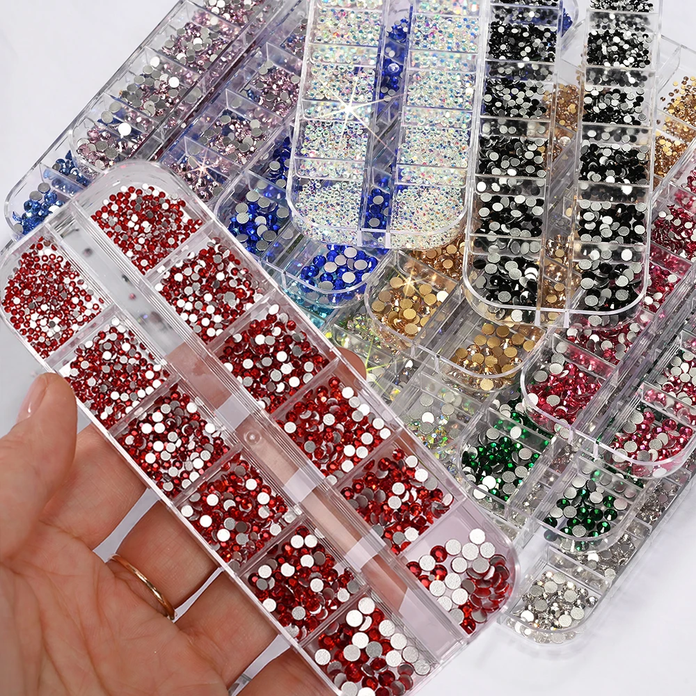 SS4-SS16 Shiny Round Glass Rhinestones Nail Charms 12Grids 6Size Mini Nails Gemstones 3D Flatback 14Colors Diamond Nail Art Deco