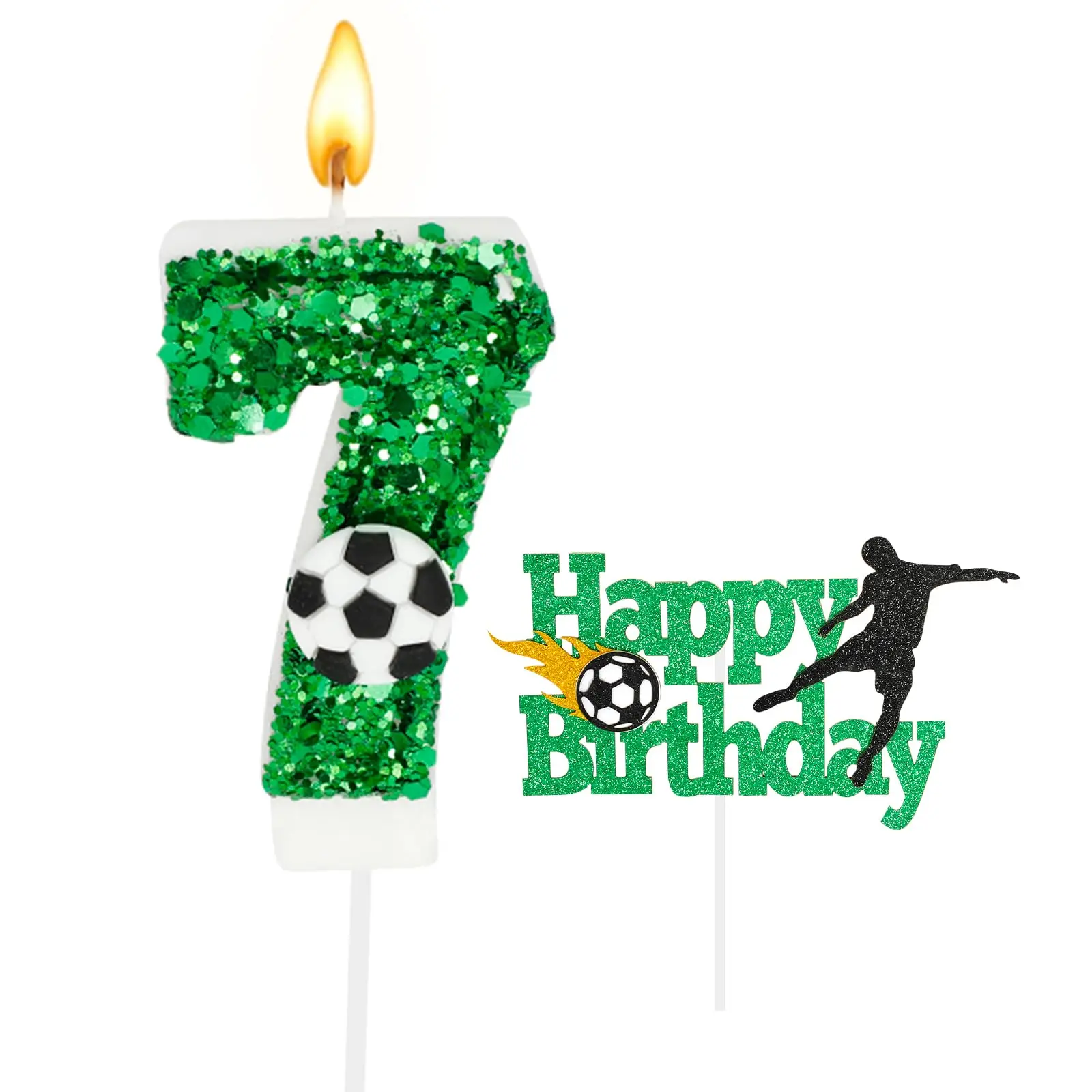 2PCS Green Soccer Candles 7 Year Old Birthday Candle Cake Topper Happy Birthday Sign Boy Parties Anniversaries Celebrations