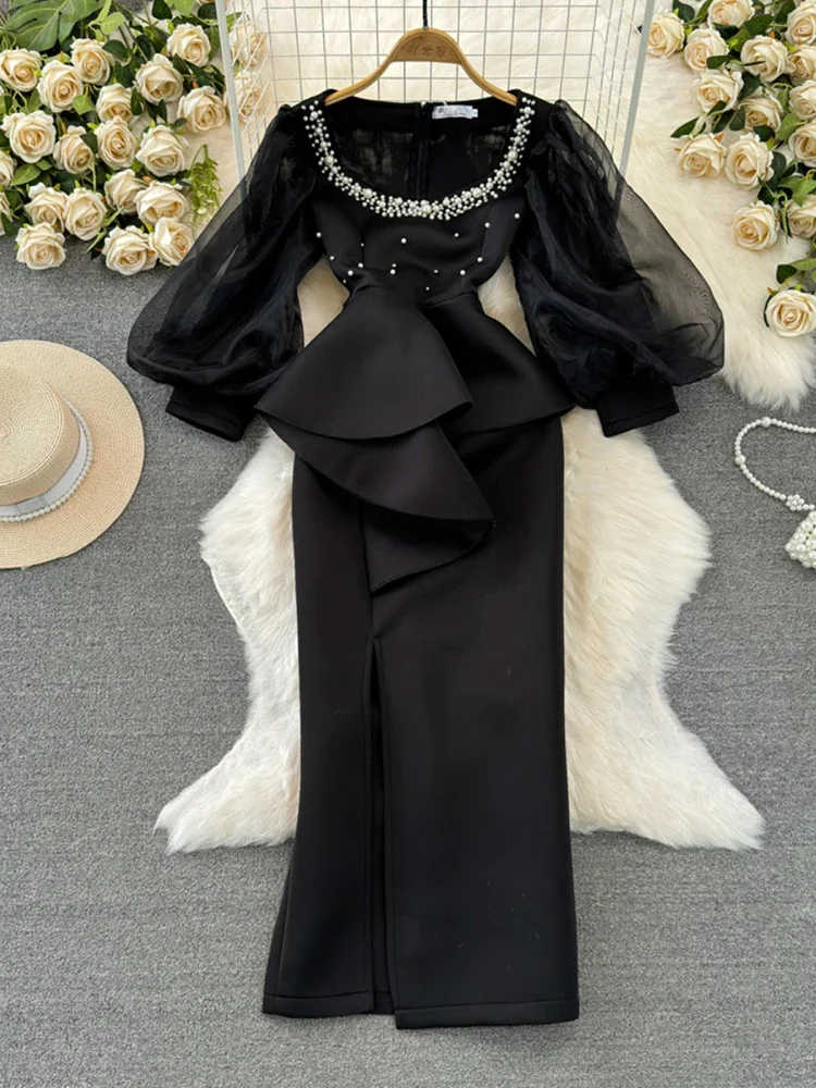 

2025 French Romance Women Temperament Sexy High Waist Ruffles Wrapped Buttocks Dresses Square Collar Lantern Sleeve Vestidos