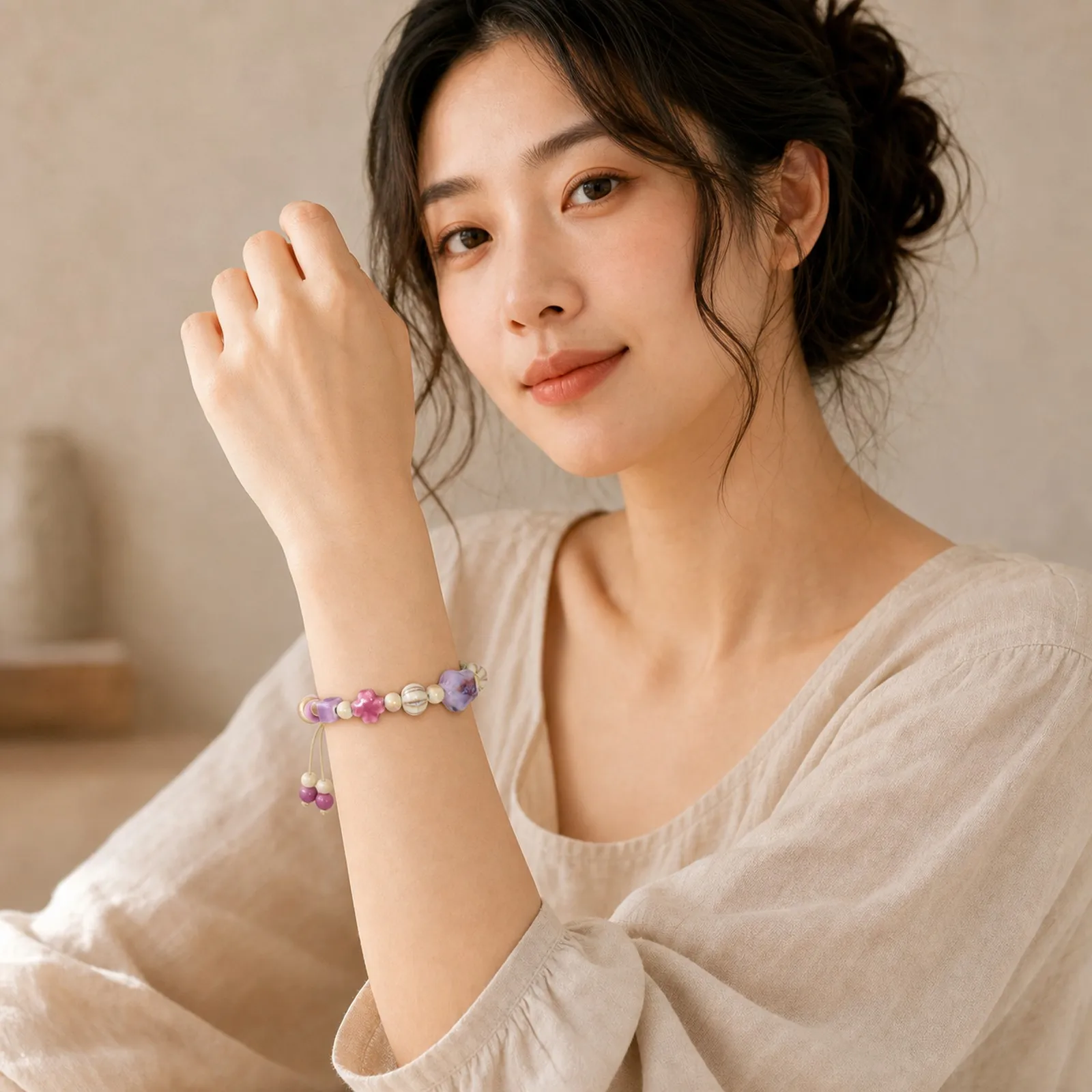 Purple Meteor Valley Handmade Ceramic Bracelet Star Bead Pendant Wax Cord Elastic Thread Handwoven Jewelry Y260714-04