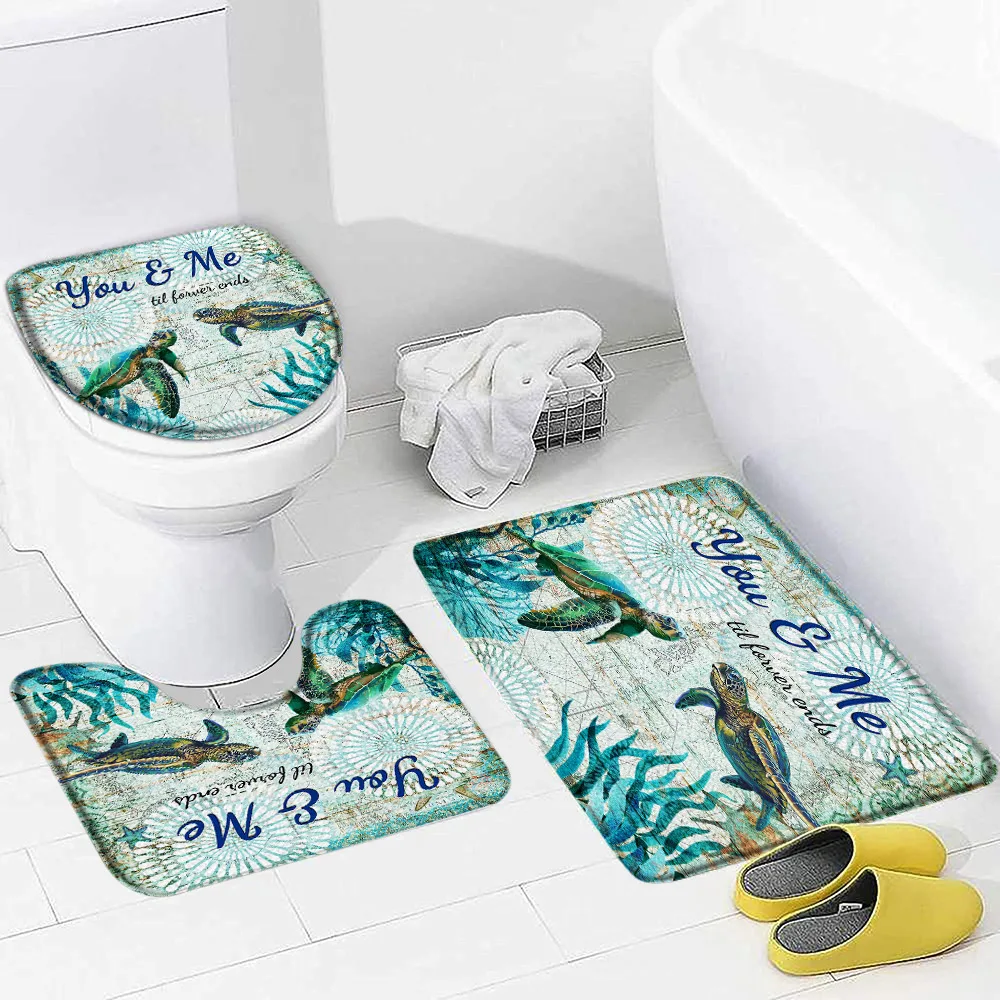 Sea Turtle Bath Mat Set Seaweed Starfish Vintage Nautical Map Ocean Animals Carpet Bathroom Decor Non-Slip Rugs Toilet Lid Cover