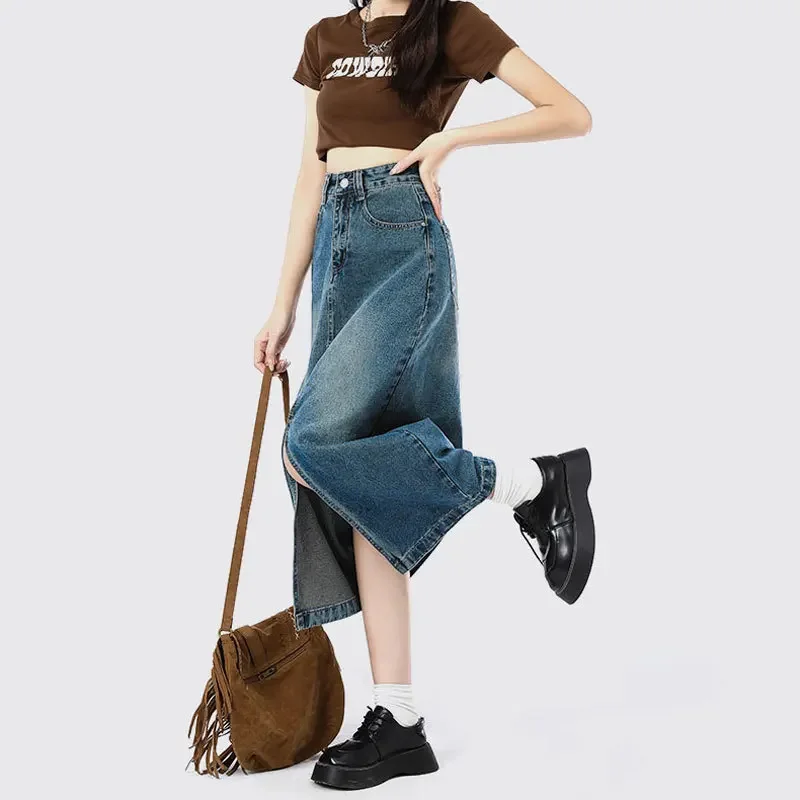 Front Slit Vintage Skirts for Women Casual A-line Skirt Washed Elegance Straight Long Skirt Summer High-waist Denim Skirt Women