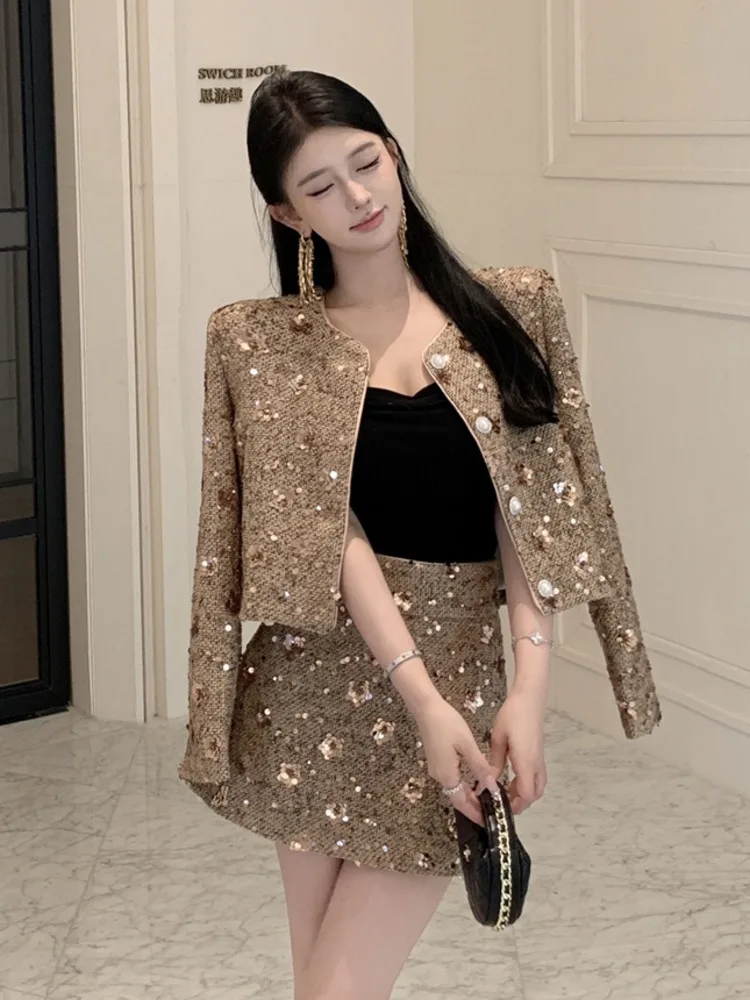 

Women Outfits Fashion Jacket Coat + Short Skirt conjuntos femininos elegantes 2025 new in matching sets Tweed 2 Piece Sets