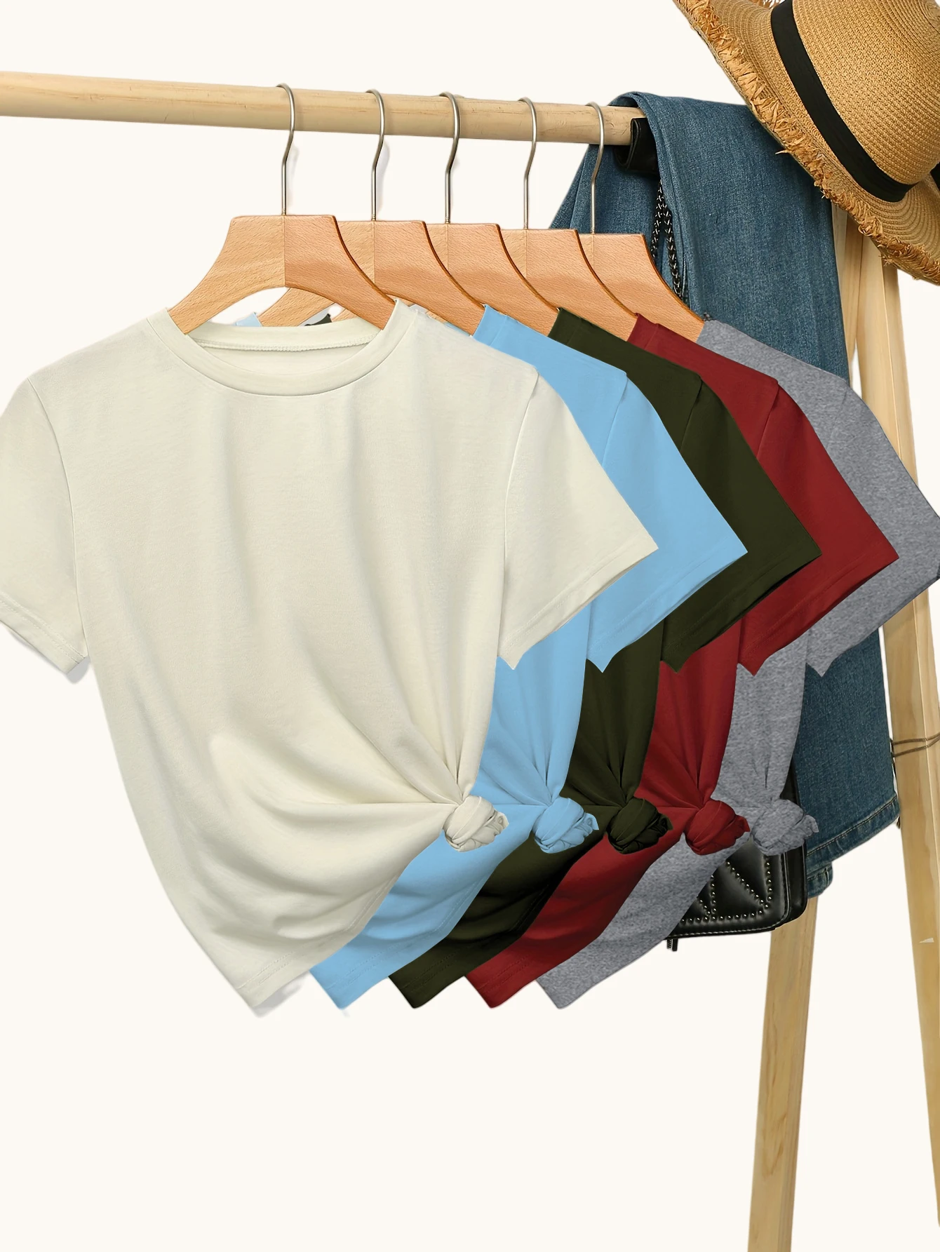 

Five-piece set of pure color casual round-neck T-shirts for spring, summer and autumn in Europe and America