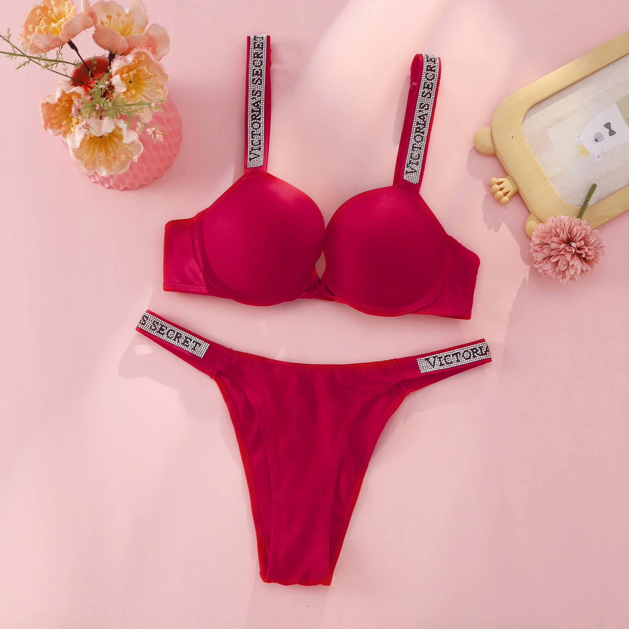Victoria s Secret Push Up Bra And Panties Set For Women Rhinestone Logo Shoulder Straps Lace Underwear Sexy Lingerie Set view 3