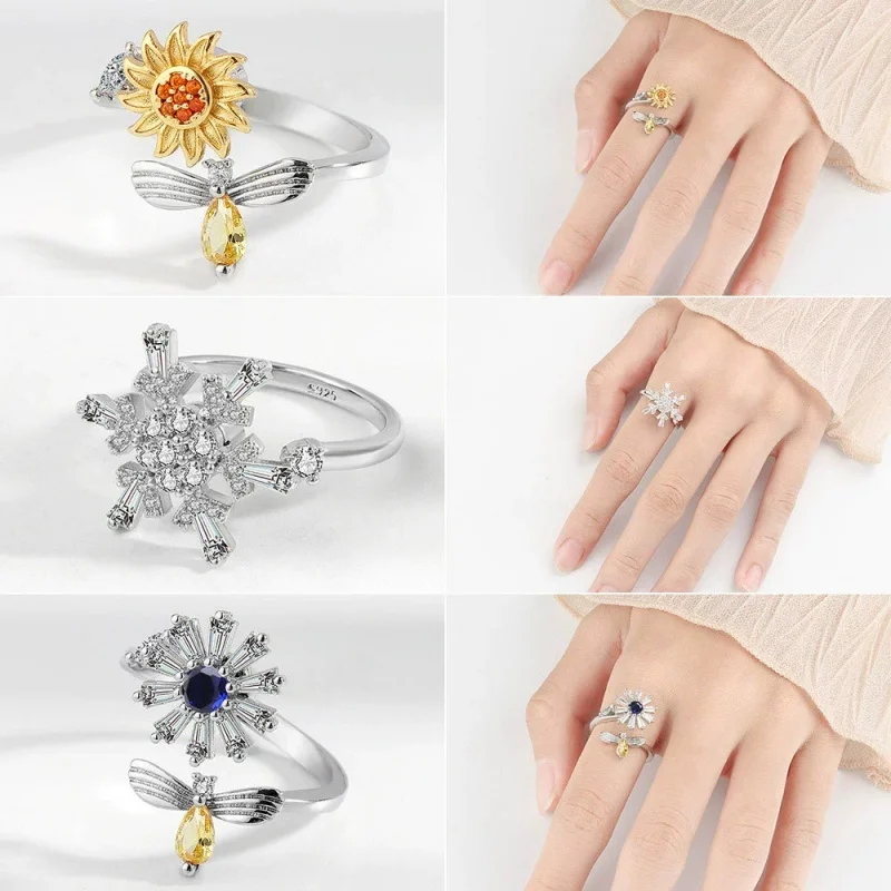 

New Sunflower Anxiety Ring Fidget Spinner Rings for Women Cute Butterfly Hummingbird Charms Finger Ring Anti Stress Rotate Gifts