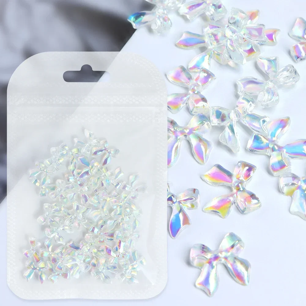 Breloques transparentes pour nail art, ruban Aurora, nœud 3D, Kawaii brillant, accessoires de manucure d'été, fournitures de décoration, N64.30 pièces