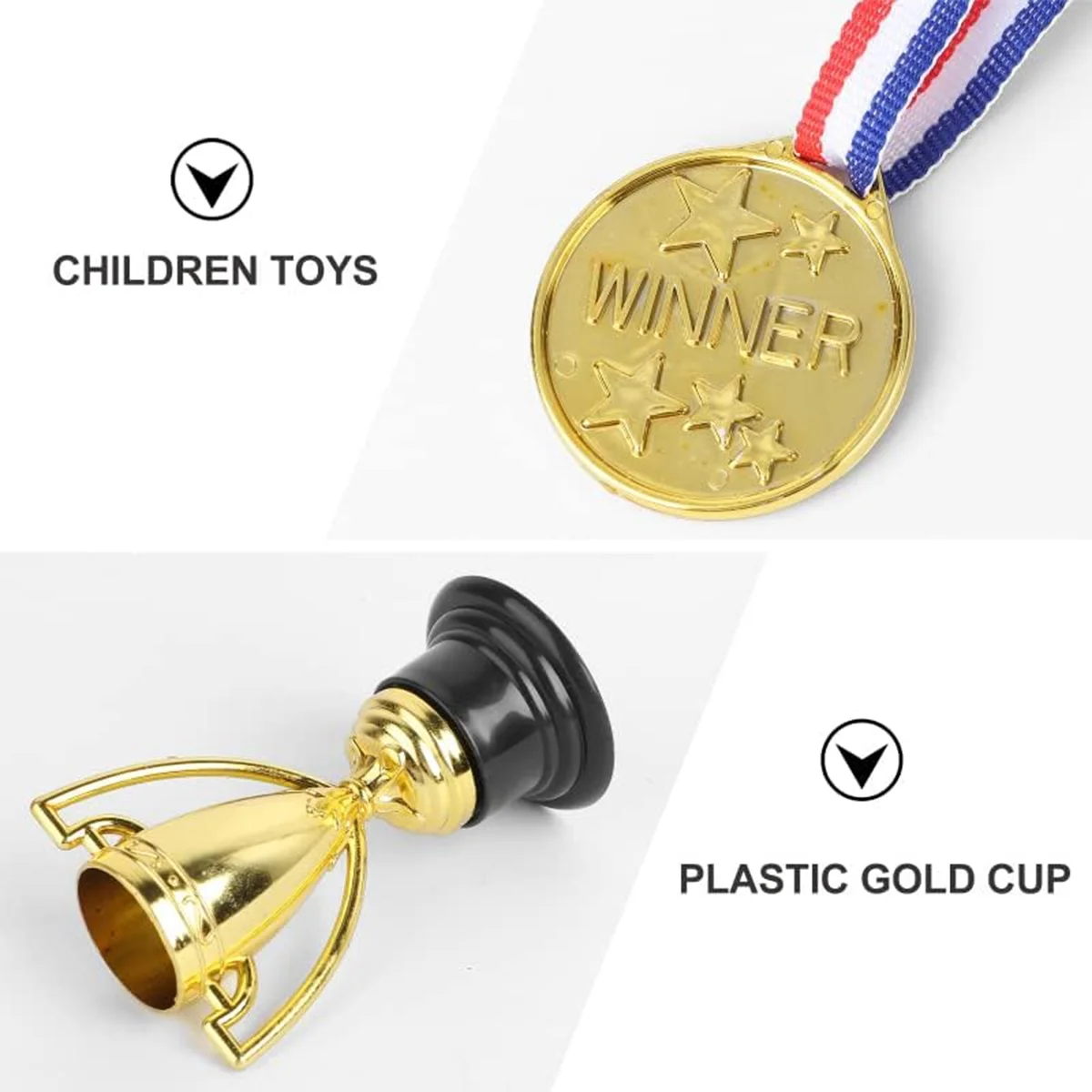 48 PCS Trophy and Medals Set,24Pcs Gold Plastic Trophy Cup and 24 PCS Medals for Kids Sports Awards, Party Favors