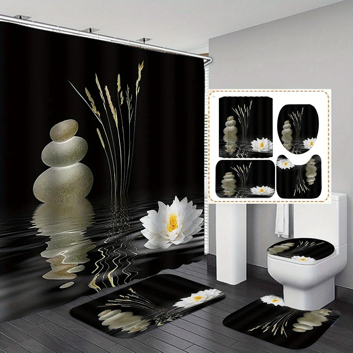 

4-piece yoga spa zen bathroom decor, polyester fabric, shower curtain, toilet mat, non-slip mat, U-shaped mat