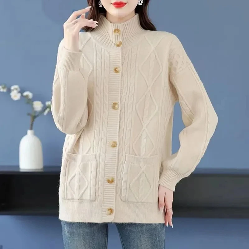 2024Spring Autumnr New Cardigan Sweater Jacket Women  Loose Half-high collar Single-Breasted Knitted Sweater Casual Coat Female