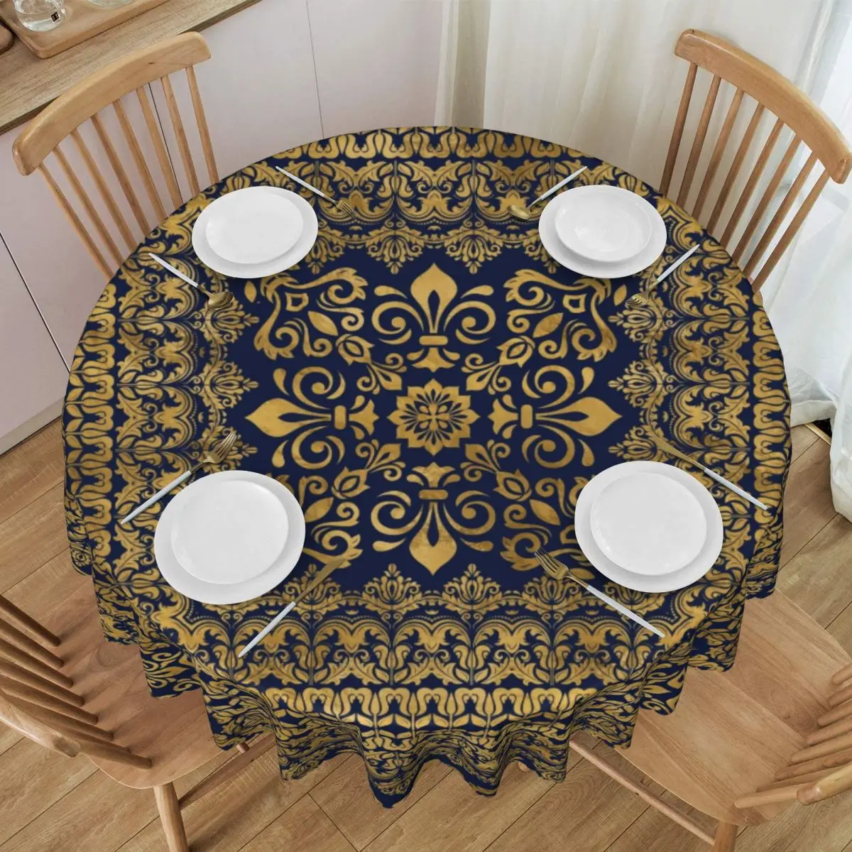 Round Fitted Oriental Damask Fleur De Lis Table Cloth Waterproof Tablecloth 60 inch Table Cover for Kitchen Dinning