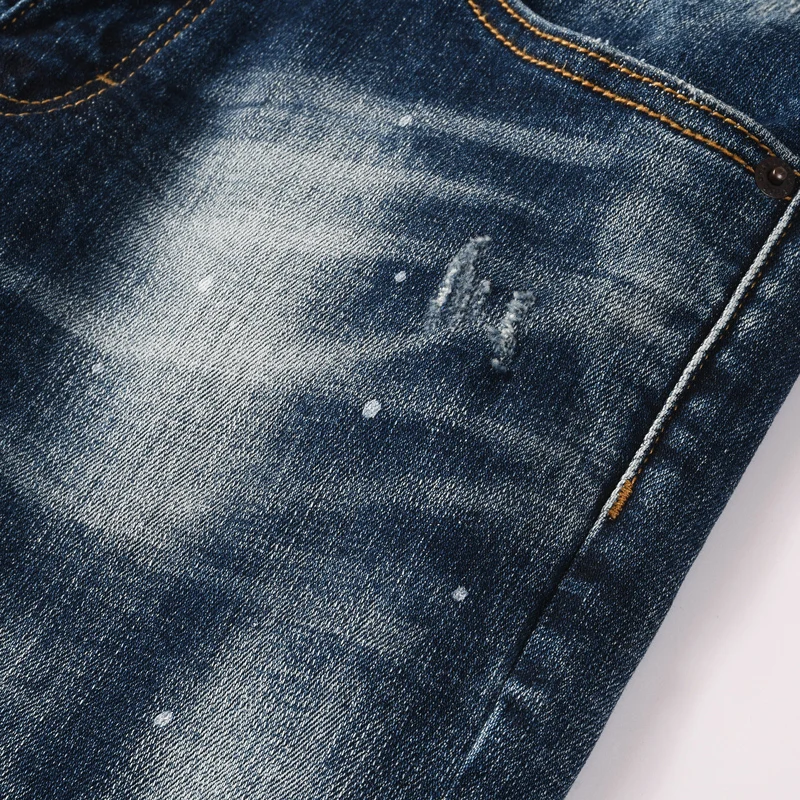 Men's Dark Blue Heavy Washed Faded Skinny Jeans, Distressed Stretch Slim Fit Denim Pants Streetwear Trousers