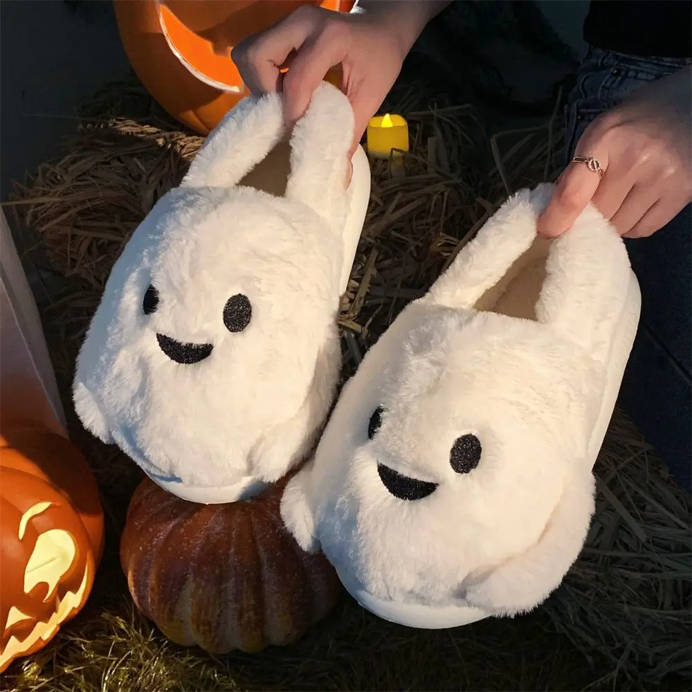 Men Women Warm Home Bedroom Cotton Slippers Halloween Spooky Pumpkin Ghost Winter Velvet Warm Fuzzy Slippers