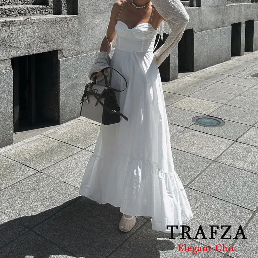 TRAFZA Sexy Solid White Cami Long Dress Women Corset V Neck Backless Summer Dress Fashion 2024 Elegant Ruffles Y2K Girl Dress