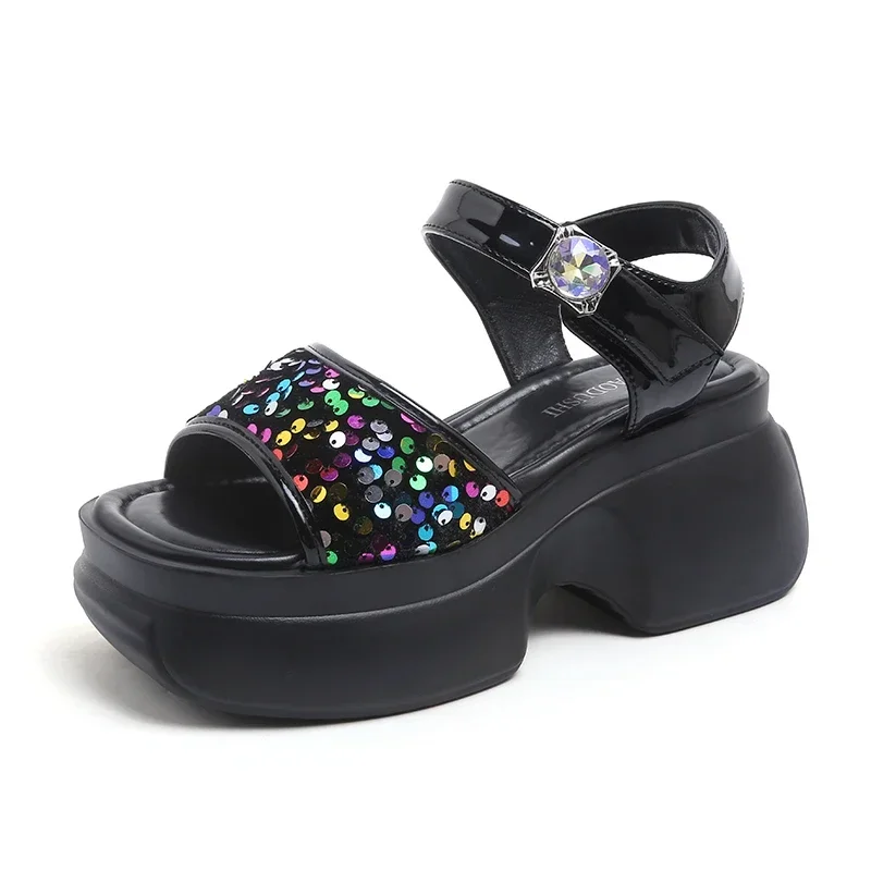 

8CM Women Leisure Chunky Rhinestone Sandals Peep Toe High Heels Gladiator Slippers Woman Fashion Summer Platform Beach Sandals