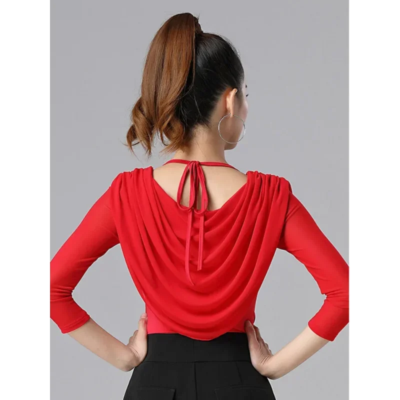 เสื้อขอบจีบเข้ารูปแบบสลิมฟิตสง่างามเสื้อเต้นลาตินของผู้หญิงเครื่องแต่งกายทันสมัยสำหรับผู้ใหญ่แบบวอลทซ์เสื้อผ้าแซมบ้าสีทึบ