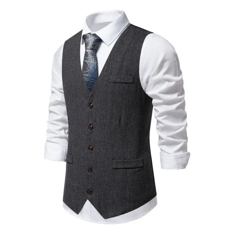 #4856 Khaki Gray Men\'s Sleeveless Vest Single Breasted Office Male Vest V-neck Split Joint Elegant Man Vest Regular Fit Spring