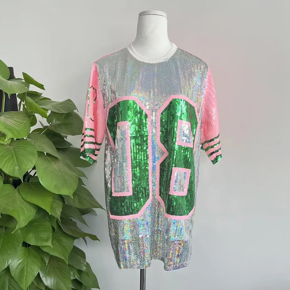 Greek Fashion sexy  Women Shirt number 8 printed ladies Summer sequin shining hip hop Sorority  number 08 jerseys T-shirts