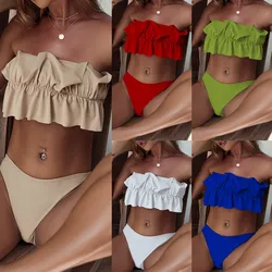 Bikini Bandeau plisado con volantes para mujer, traje de baño Sexy, conjunto de Bikini de leopardo, Bikini de playa con Push-Up, 5 colores
