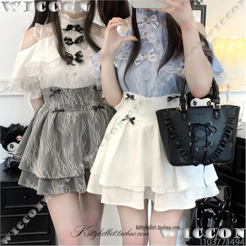

asdh8@Jirai Kei Top Shirt Girl Cosplay Clothes Cute Bow Tie Off-the-shoulder Short-sleeved Shirt Y2K Women Suit Halloween Custom
