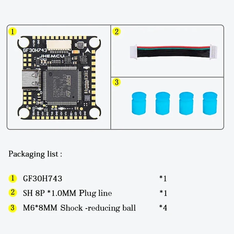 JHEMCU GF30H743 H743 480MHZ Controlador de vôo ICM-42688-P Barômetro duplo OSD 128M BlackBox Dual BEC 3-6S 30X30mm para drones FPV