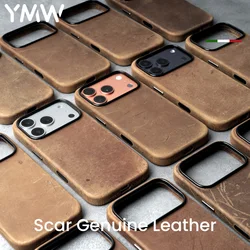 YMW Scars Crazy Horse Custodia in vera pelle per iPhone 16 Pro Max 15 14 13 Mini PULL-UP magnetico Cover per telefono in pelle di vacchetta gelata