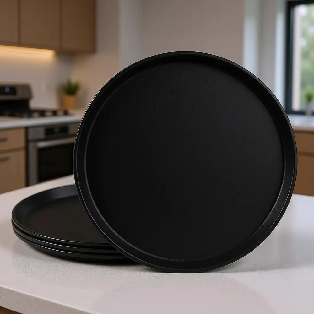 

14 Round Non-Slip Plastic Serving Tray, Black, Ideal for Restaurants, Bars, and Cafes