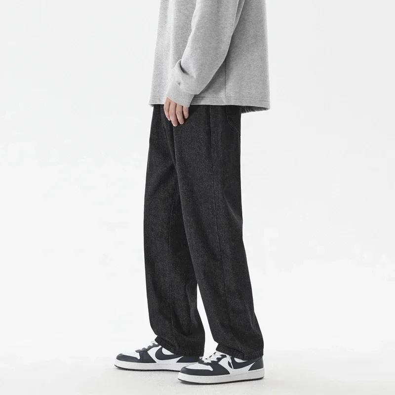 Korean Fashion Men's Baggy Jeans Classic All-match Solid Color Straight-leg Casual Denim Wide-leg Pants Male Light Blue Black