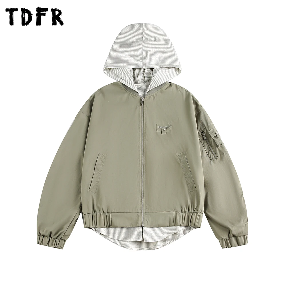 

Fake two-piece Hooded Pleated Jacket Mens Embroidery Retro Casual Autumn Loose Long Sleeve Outerwear Man